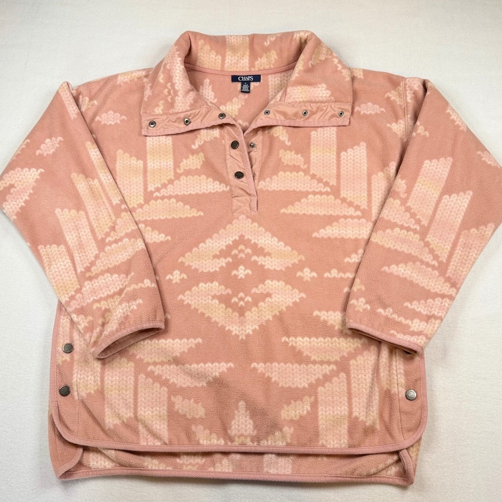 Chaps Womens Peach Pink Fair Isle Fleece Snap Neck Pullover Sweatshirt Medium